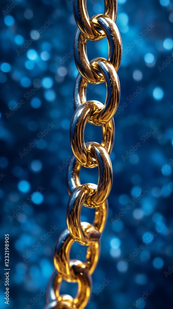 Obraz premium Polished golden chain suspended against soft blue bokeh, symbolizing elegance, unity, and resilience