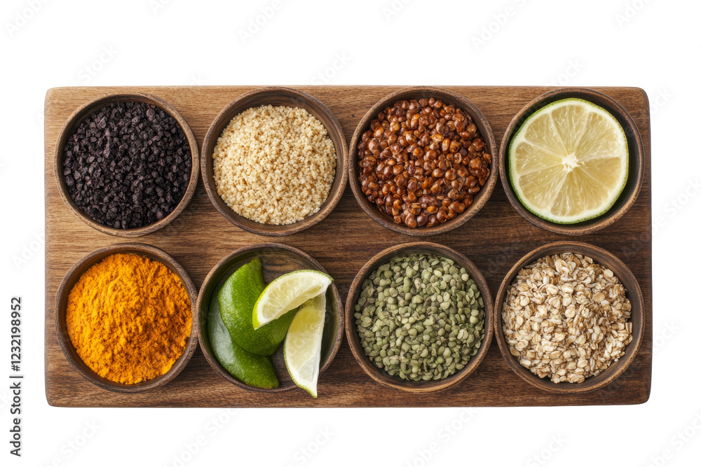 Variety of Spices, Herbs, and Grains in Wooden Bowls on Dark Bac Variety of Spices, Herbs, and Grains in Wooden Bowls on Dark Bac
