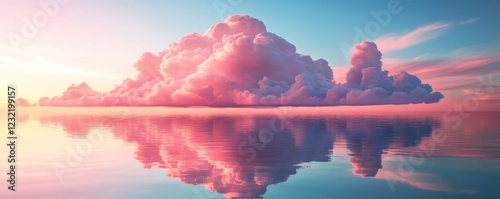 Beautiful pink clouds are reflecting in a calm ocean at sunset, creating a dreamy and surreal atmosphere