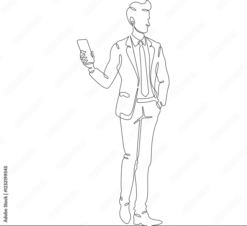 Continuous one line drawing businessman talking on smartphone. Man with phone. Young man in business suit. One continuous line isolated minimal illustration.Not AI. Continuous one line drawing businessman talking on smartphone. Man with phone. Young man in business suit. One continuous line isolated minimal illustration.Not AI.
