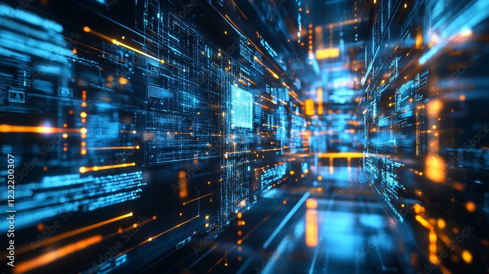 Digital data streams flow through a futuristic network tunnel. Use Technology background Digital data streams flow through a futuristic network tunnel. Use Technology background