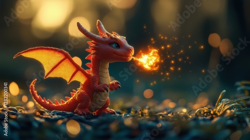 Cute Red Dragon Breathing Fire in Forest Setting with Magical Glow and Soft Bokeh Background