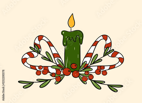 Hand drawn Christmas candle greeting card, design element vector illustration