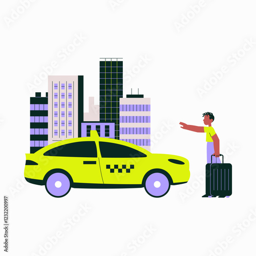 Taxi And Passenger In Flat Vector Illustration Symbolizing Urban Transportation, Ride Hailing, And City Travel, Isolated On White Background