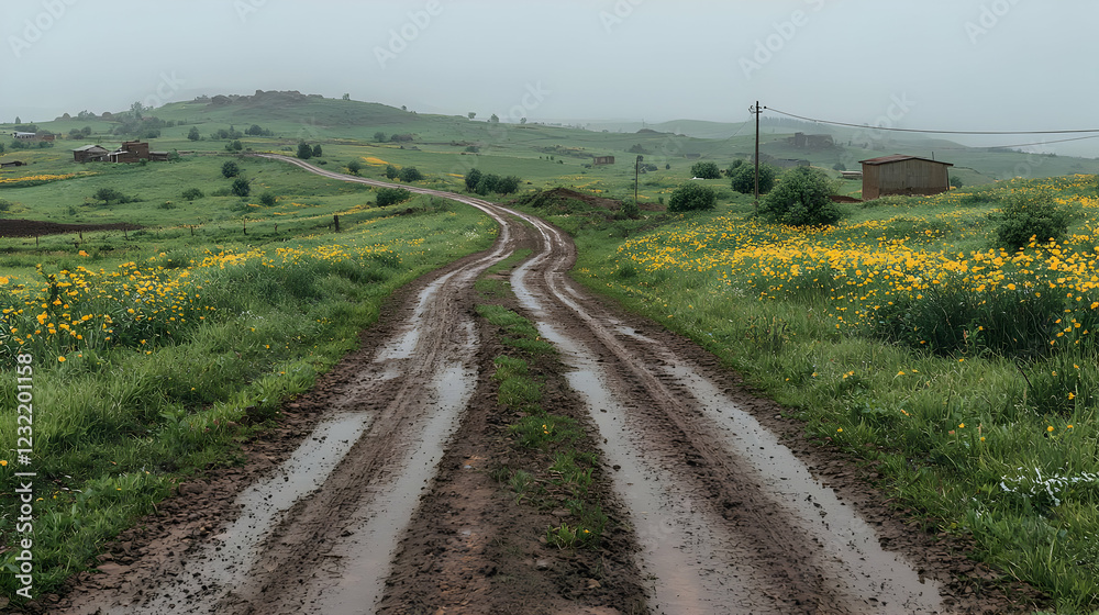 Winding dirt road through rural landscape, rain Winding dirt road through rural landscape, rain