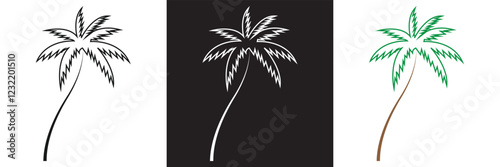 Black, white and green Palm Tree thin line icon. isolated on white and black background. vector illustration. EPS 10