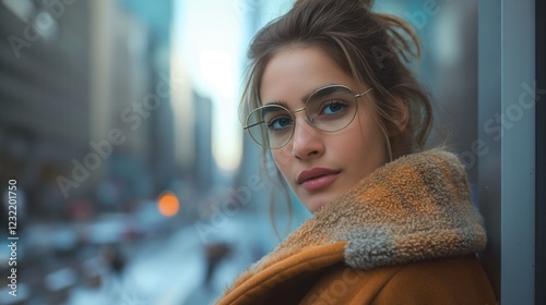 Glasses young woman in mustard coat with shearling detail portrait image. Elegant female in urban winter picture photorealistic photography. Fashionable look concept photo realistic photo