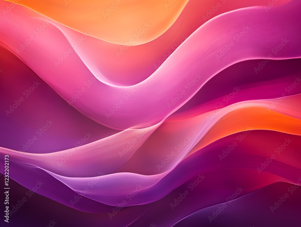 Fototapeta premium Fluid Abstract Art: A captivating abstract design, featuring a mesmerizing symphony of soft, flowing waves in vibrant hues of pink, purple, orange, and red. The colors blend and dance.
