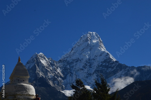 Hiking at the foot of Lhotse, Ama Dablam and Mount Everest in the Himalayan Khumbu Valley, Nepal