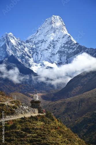 Hiking at the foot of Lhotse, Ama Dablam and Mount Everest in the Himalayan Khumbu Valley, Nepal
