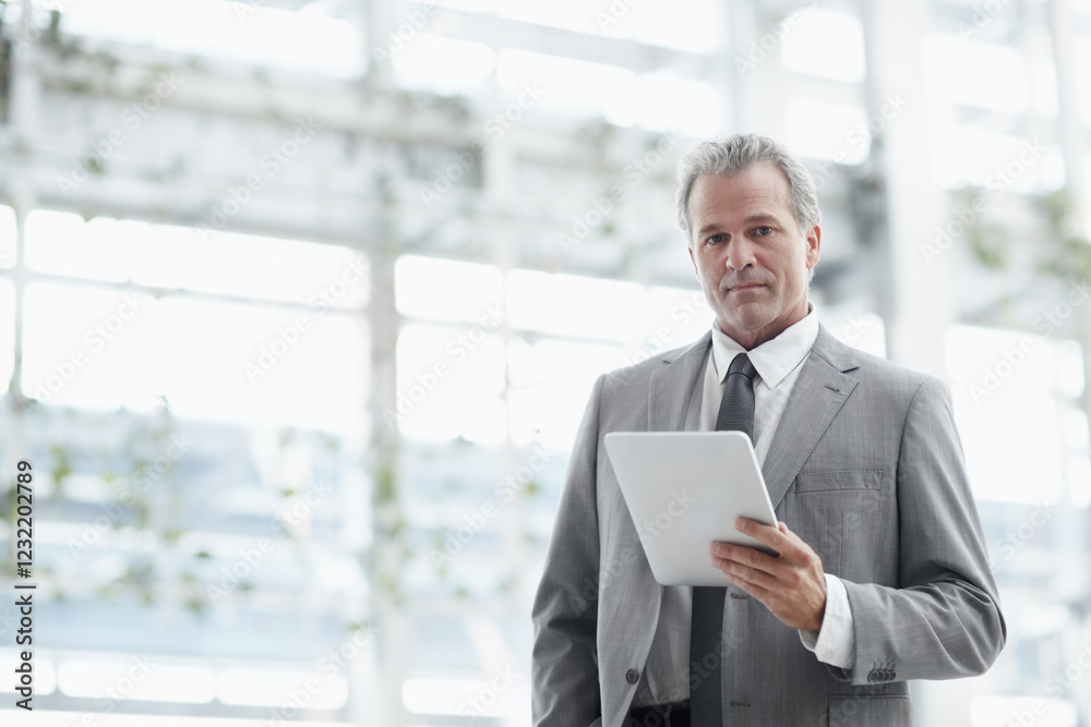 Tablet, portrait and mature man in office with confidence, online report or checking stock market sales. Boss, corporate trader or CEO businessman on digital app for investment schedule on website Tablet, portrait and mature man in office with confidence, online report or checking stock market sales. Boss, corporate trader or CEO businessman on digital app for investment schedule on website