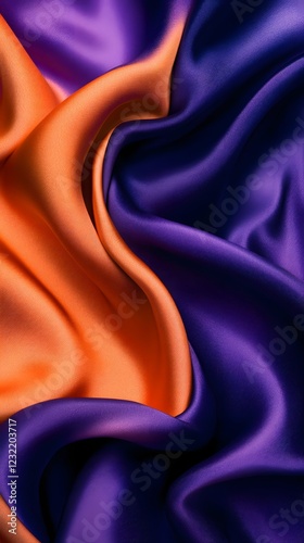Purple and Orange Silk Drape: Luxurious silk fabric in rich purple and burnt orange hues, artfully draped to showcase its elegant texture and flowing movement.