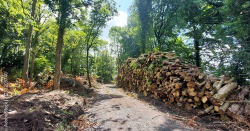 firewood stacked roadside in a woodland