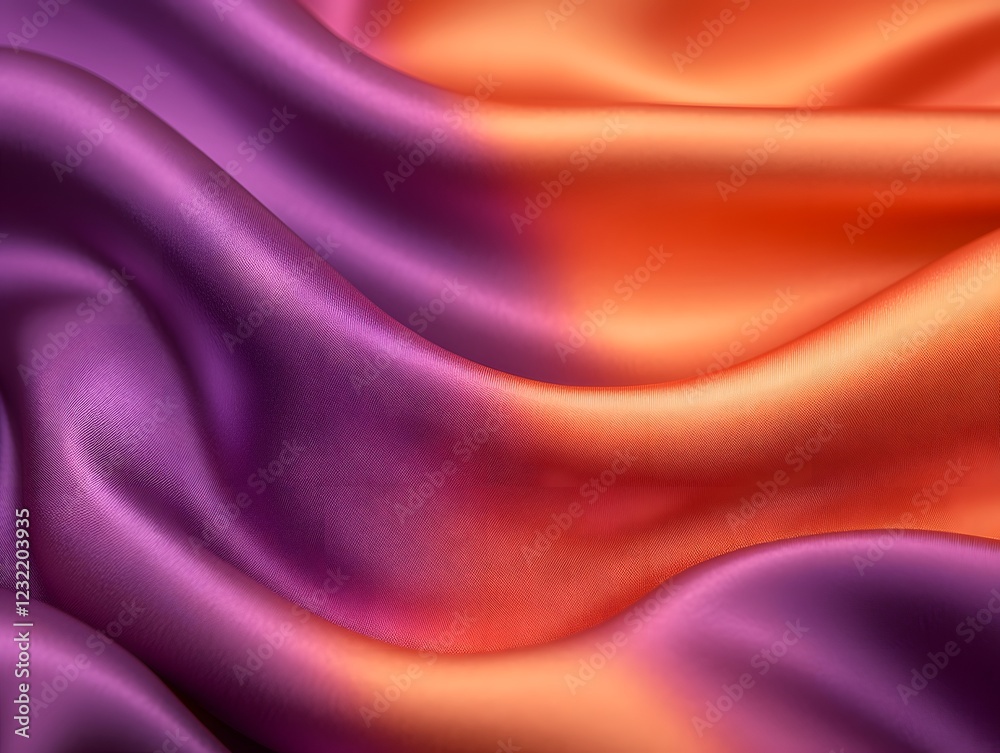 Fototapeta premium Sunset Silk Drape: Luxurious silk fabric in a vibrant ombre blend of purple and orange, creating a dramatic and elegant swirl of color and texture.