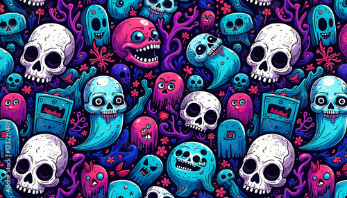 Trash Style illustration of colorful Skulls pattern