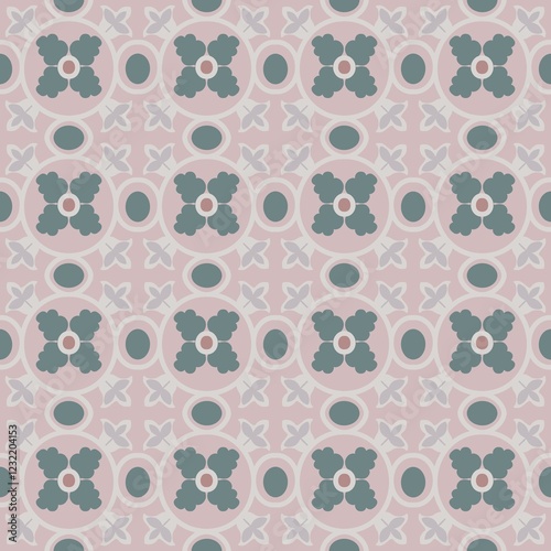 Seamless Pattern with Floral Motifs in Vintage Pastel Color Scheme. Pattern featuring floral-inspired designs in pastel shades of pink, green, and white. Perfect for use in textile design, wallpaper