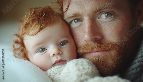 A closeup a father and his newborn on the bed, focusing on the protective and loving gaze paternal care.
