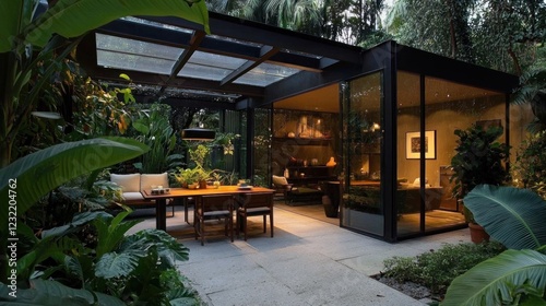 Modern patio with glass walls, wooden table, and lush greenery.