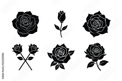 Decorative rose flower silhouette bundle set black