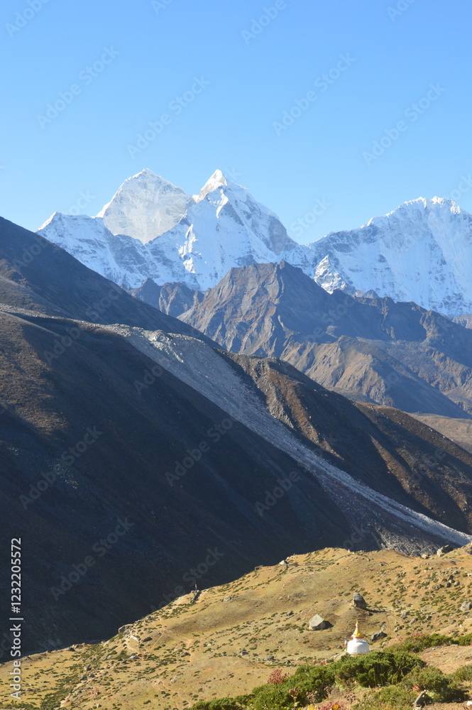 Hiking at the foot of Lhotse, Ama Dablam and Mount Everest in the Himalayan Khumbu Valley, Nepal Hiking at the foot of Lhotse, Ama Dablam and Mount Everest in the Himalayan Khumbu Valley, Nepal