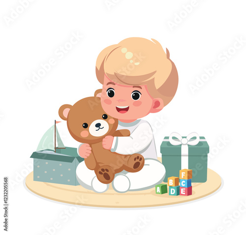 baby boy with teddy bear and gifts, toys	