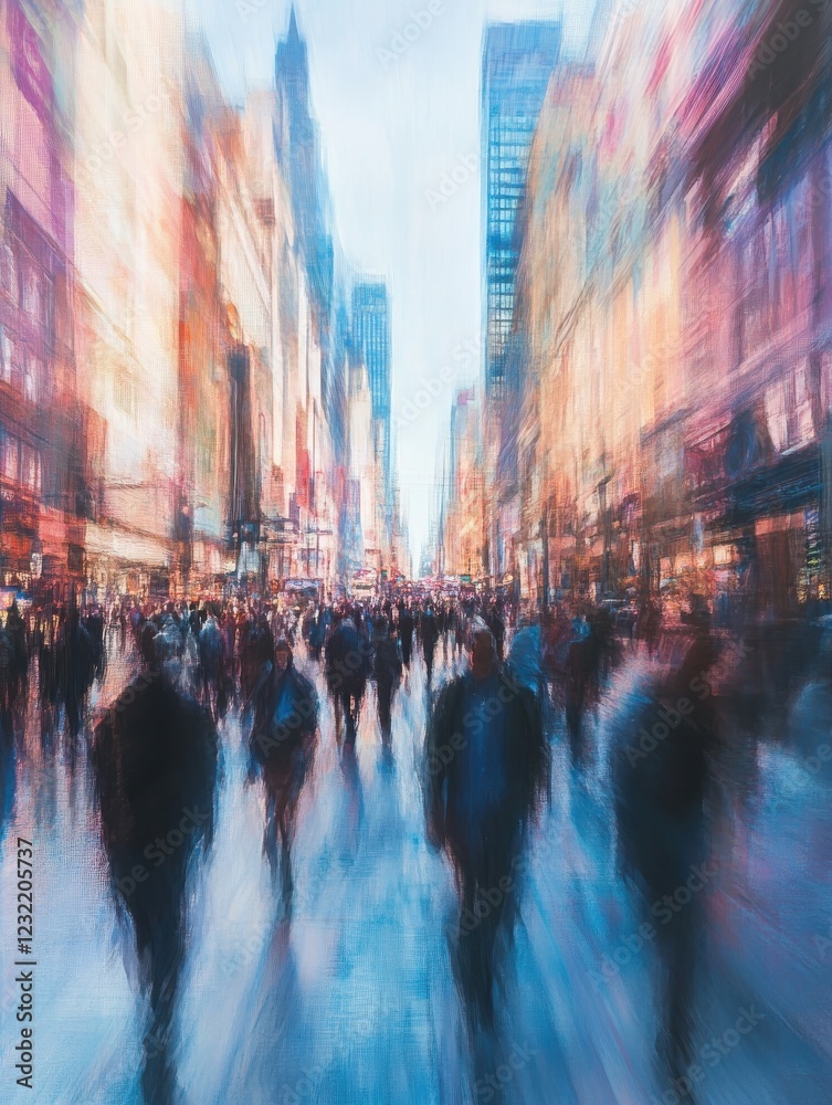 Obraz premium A vibrant urban scene with blurred pedestrians walking in a bustling shopping district, capturing the essence of city life.