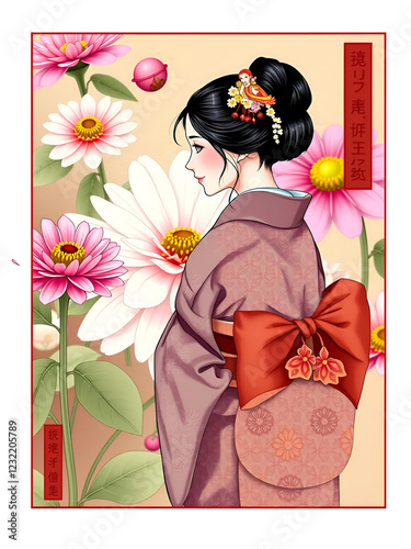 Intricate Japanese Kimono with Zinnia Flower Backdrop and Schematic Cytochrome P450 Enzymes photo