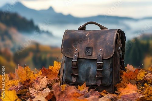 rustic leather backpack nestled among vibrant maple leaves, morning dew glistening, mountain vista in soft focus background, adventure awaits photo