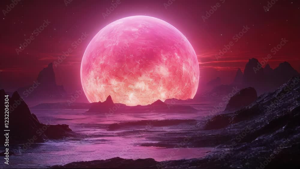 A giant pink moon rises over a rocky alien landscape with glowing waters. A futuristic, otherworldly vision of a distant planet