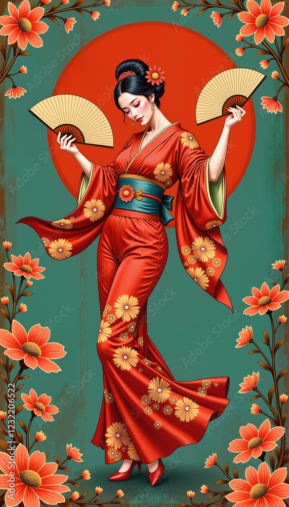 Fototapeta premium Japanese dancer spinning in red kimono with floral fans, artistic elegance
