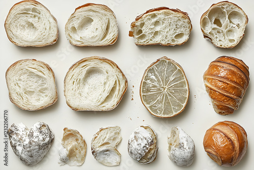 Croissant baking stages, lemon, flatlay. Food photography photo