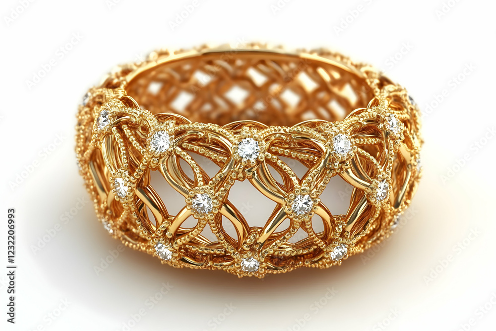 Gold diamond ring, intricate design, white background, jewelry Gold diamond ring, intricate design, white background, jewelry