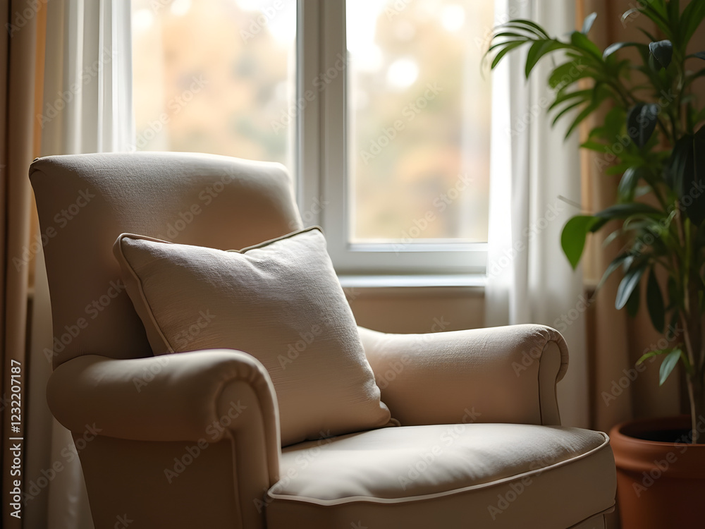 Fototapeta premium A Chair by Itself: A Space to Breathe. A close-up of a comfortable reading chair positioned near a window, with the blurred interior highlighting soft curtains and a small plant in the background.