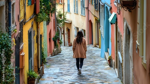Fototapeta Naklejka Na Ścianę i Meble -  A woman walking down a narrow street in a European town, with cobblestones beneath her feet and colorful buildings around her