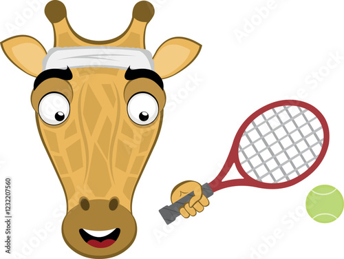 vector illustration emoji head character giraffe cartoon, with a tennis racket and ball