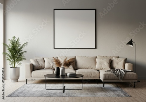 Modern minimalist living room, beige L-shaped sectional sofa, black metal coffee table, large empty frame on wall, potted plant, neutral color palette, sleek design