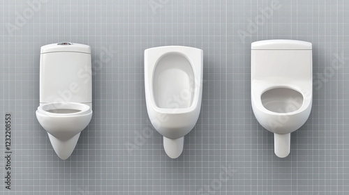 Ceramic wall urinal in male toilet front and side view. Equipment for public restroom for men, white pissoir washroom, lavatory, WC plumbing isolated on transparent background realistic 3d vector icon