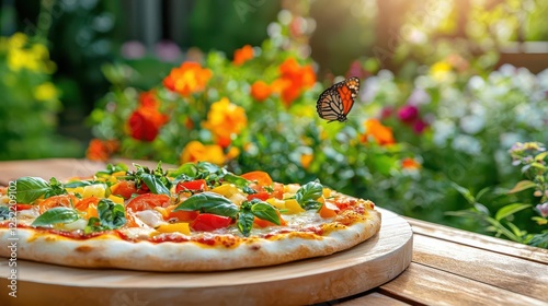 A whimsical pizza topped with rainbow-colored vegetables, served on a wooden paddle in a sunlit backyard garden with butterflies fluttering around