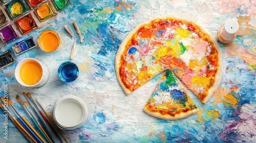 An artistic pizza with toppings creating a famous painting, served in a cozy cafe filled with art supplies and canvases all around photo