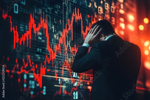 A stock market crash with a businessman in a suit holding his head, the background is an abstract digital chart of falling numbers photo