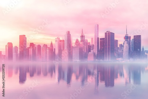 A watercolor skyline of City, blending shades of pink and purple to create an elegant cityscape