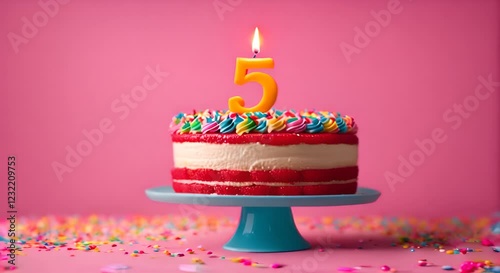 5th birthday celebration cake, with candles in the shape of the number 5.