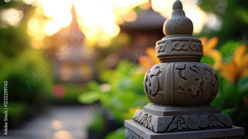 Serene Sunset at Balinese Garden: Intricate Stone Carving