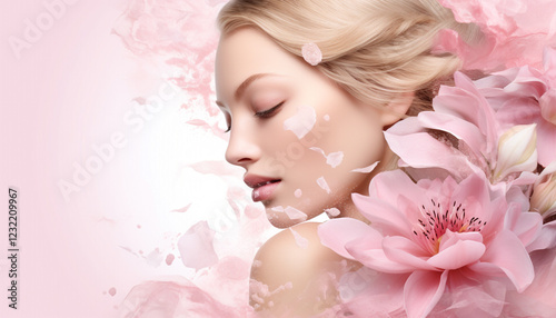 woman with pink flower background