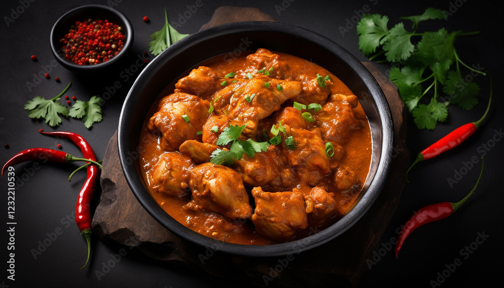 chicken Madras Curry in black bowl on dark slate chicken Madras Curry in black bowl on dark slate