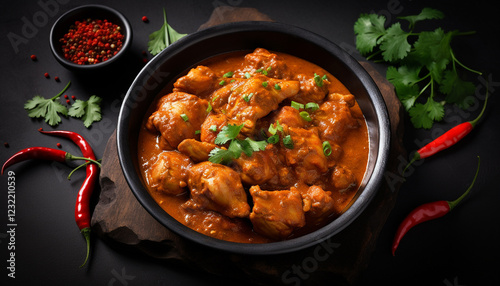 chicken Madras Curry in black bowl on dark slate