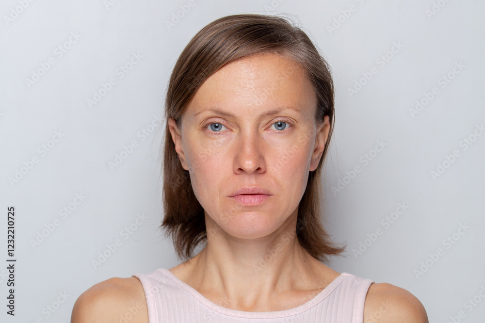 Head shot close up portrait attractive young woman staring at camera over grey background, posing for photo looks peaceful and confident Head shot close up portrait attractive young woman staring at camera over grey background, posing for photo looks peaceful and confident