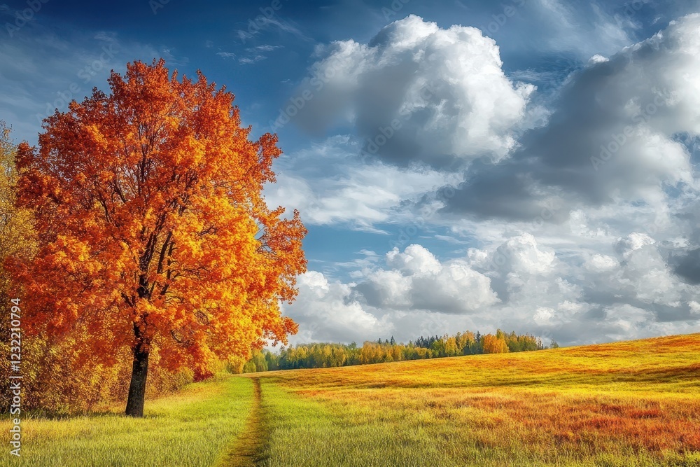 Autumn tree path, field, clouds, landscape, nature, scenic, fall, postcard, background Autumn tree path, field, clouds, landscape, nature, scenic, fall, postcard, background
