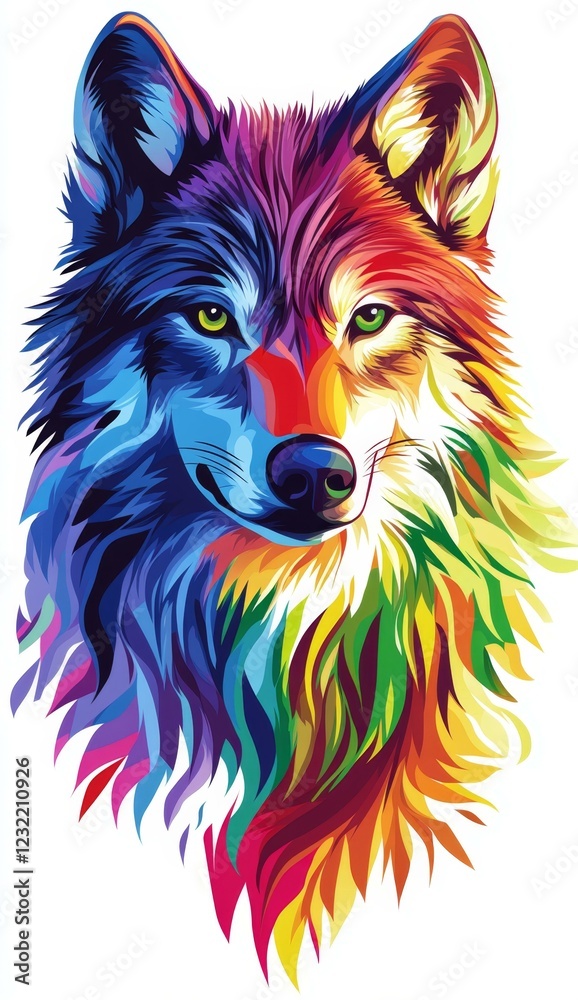 Fototapeta Colorful Wolf Portrait Illustration With Symmetrical Split Design And Dynamic Fur Texture