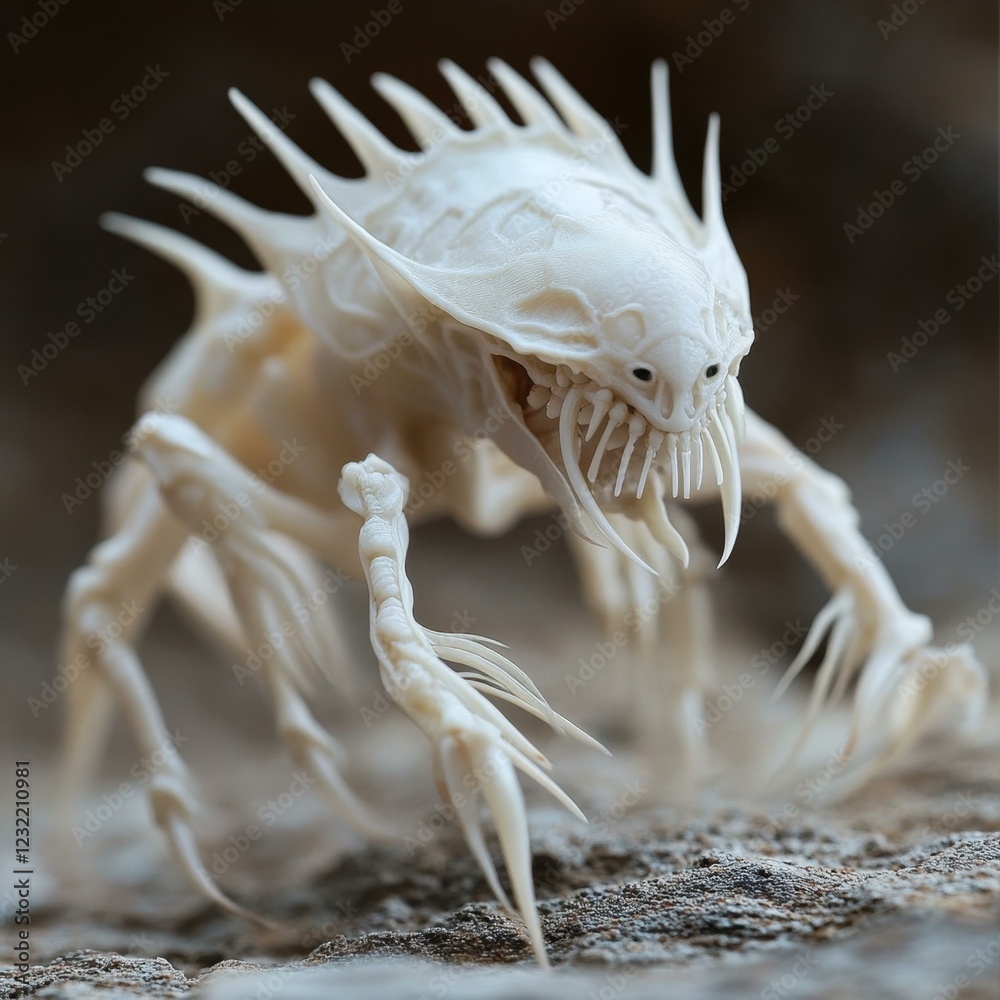 Bony Spiked White Creature With Fangs And Claws On Textured Surface Close Up Shallow Depth Of Field Bony Spiked White Creature With Fangs And Claws On Textured Surface Close Up Shallow Depth Of Field